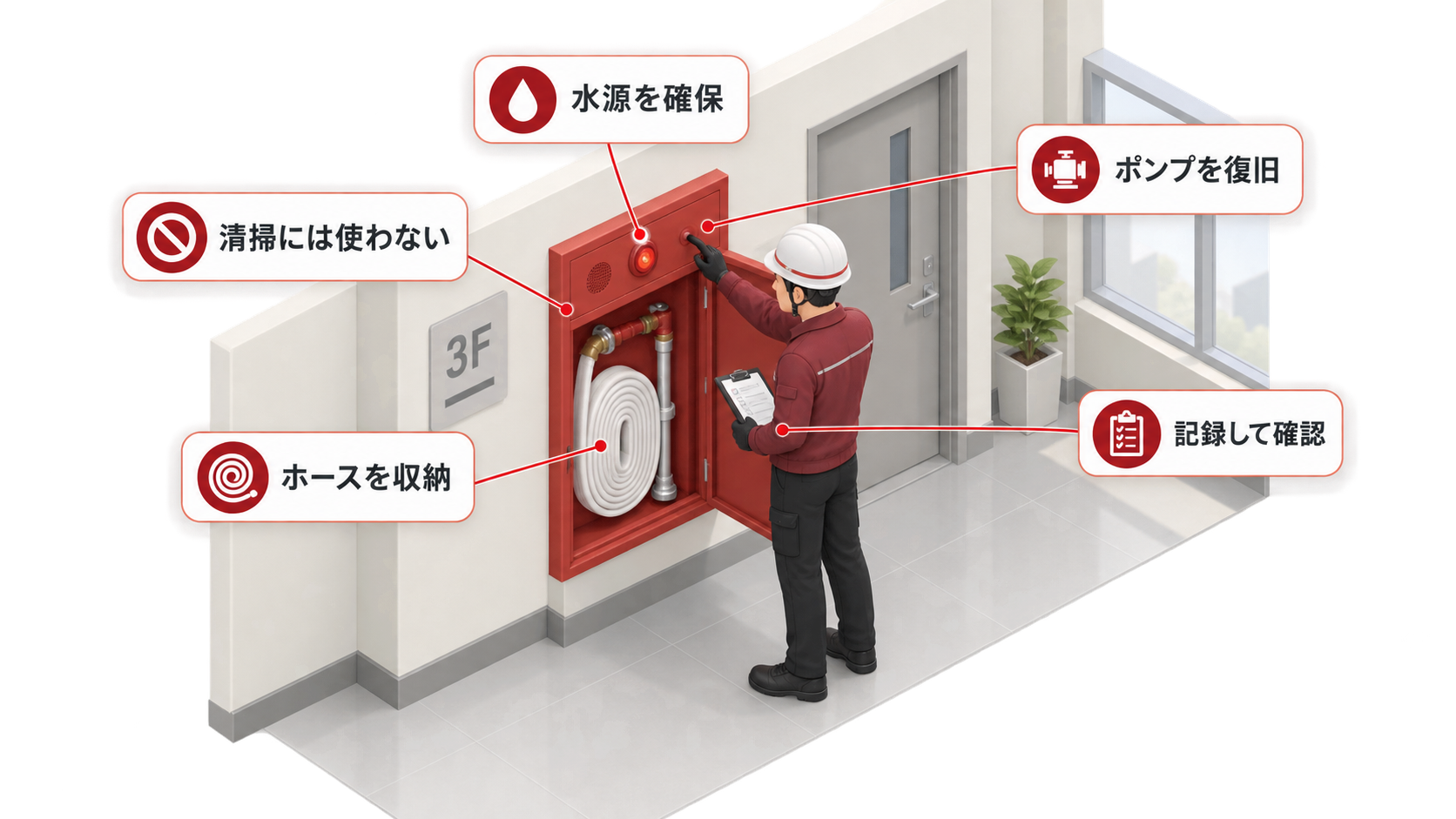 屋内消火栓を清掃に使わず水源とポンプとホースを復旧し記録する流れのアイソメ図