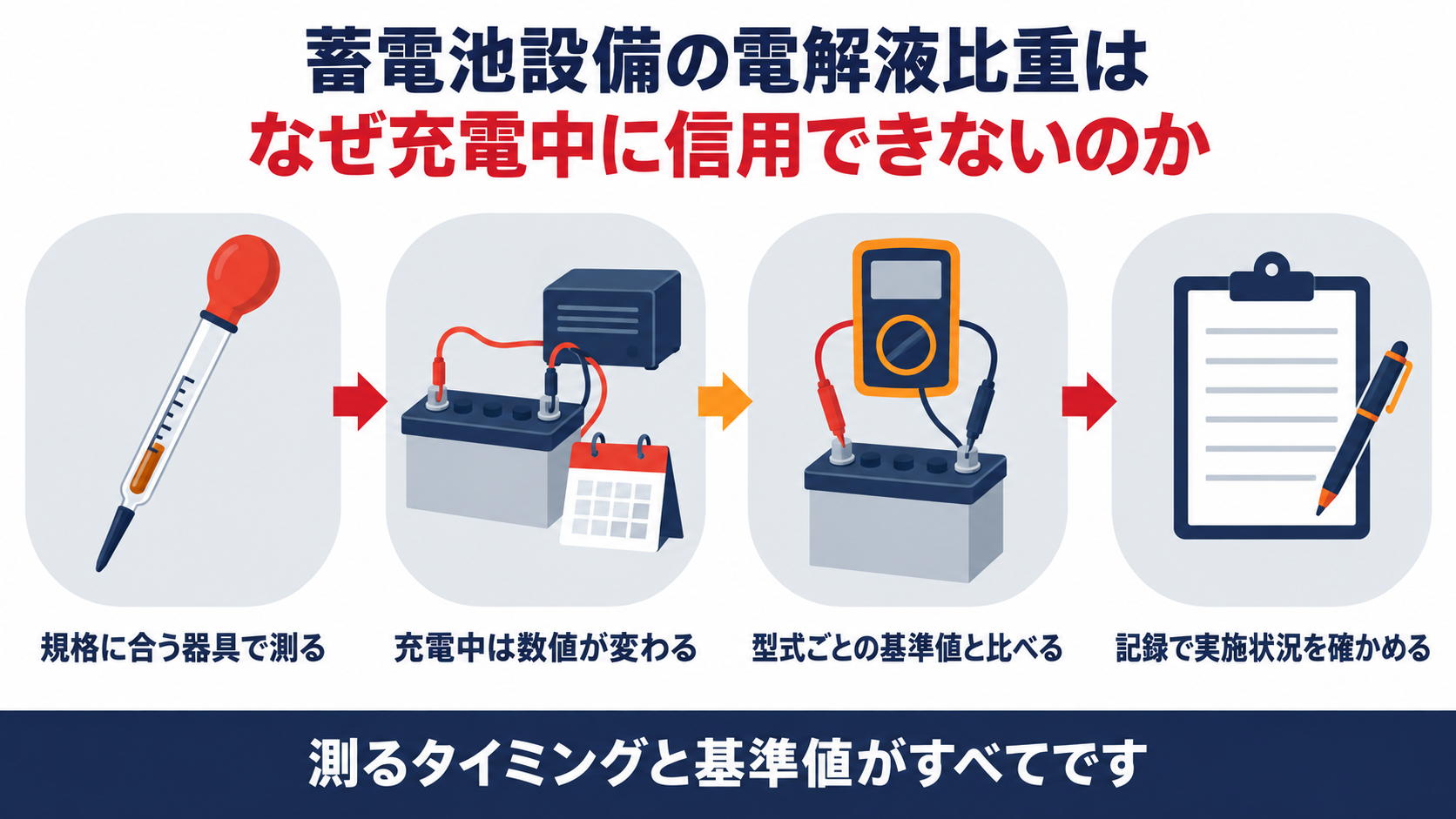 蓄電池設備の電解液比重とセル電圧の点検を比重計の規格と測定方法、充電中の判断限界、セル電圧の基準値、均等充電の実施義務の４つの観点で示した図解
