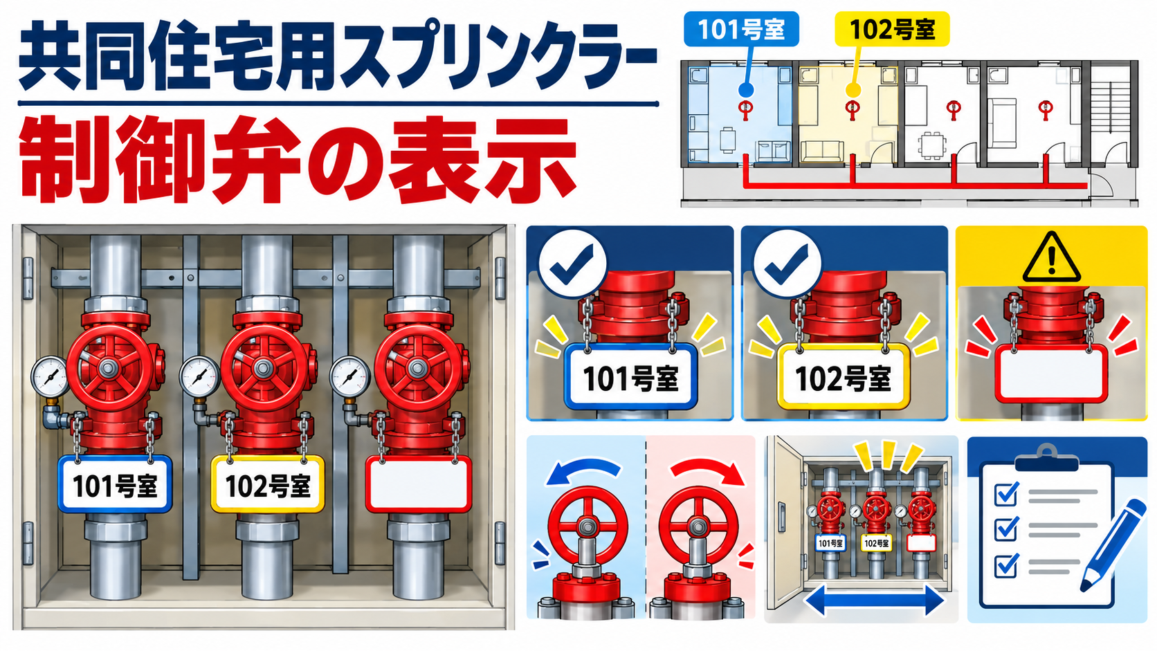 共同住宅用スプリンクラー設備の制御弁について表示と端子と作動を確認する流れ