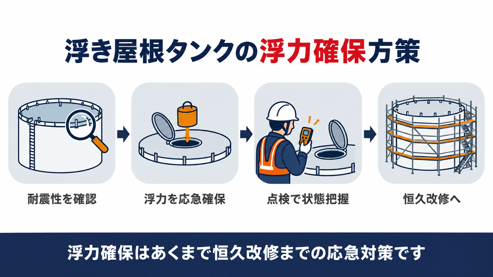 特定屋外貯蔵タンクの浮き屋根の浮力確保方策と点検の流れを示す図解