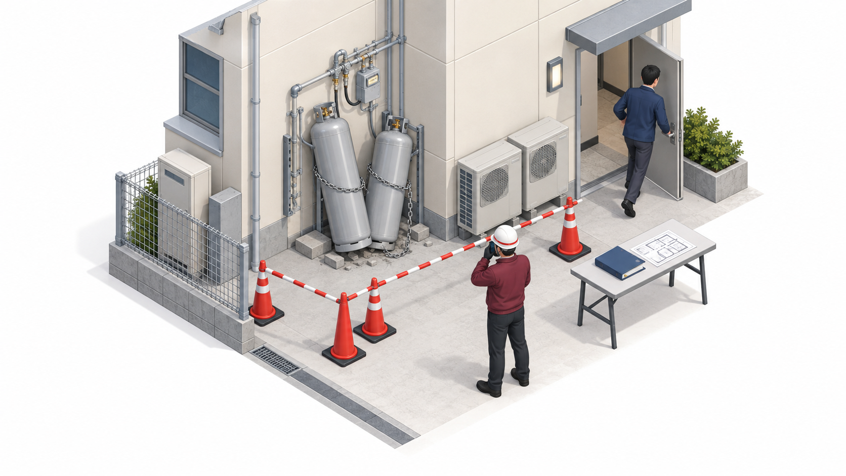 地震で傾いたLPガス容器へ近づかず退避して連絡する一場面のアイソメ図