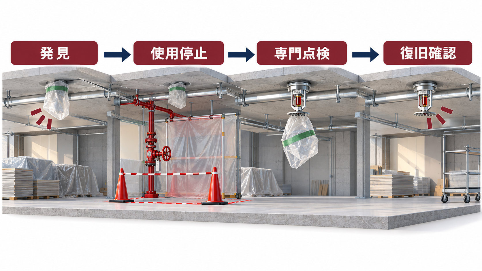連結散水設備の散水ヘッドを覆う養生の発見から使用停止と専門点検を経て復旧確認へ進む図解