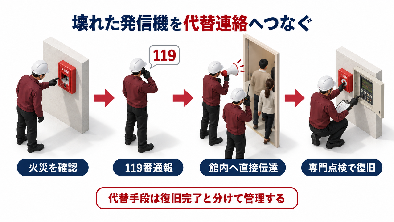 壊れた発信機を火災確認から119番通報と館内への直接伝達と専門点検へつなぐアイソメ図