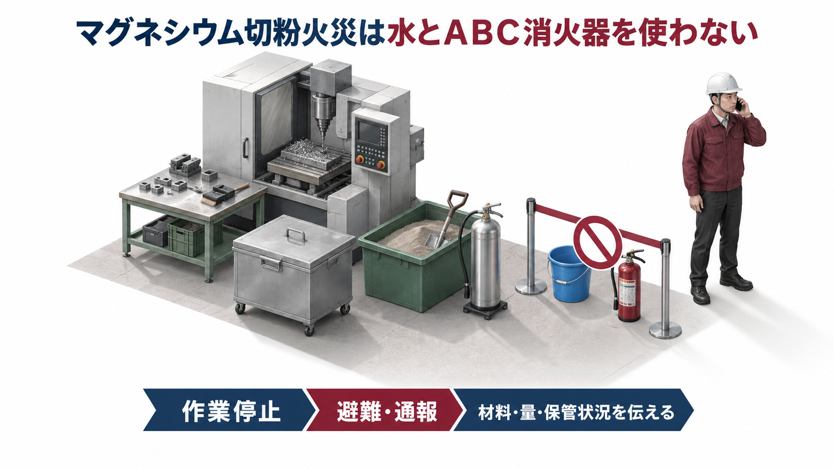 マグネシウム切粉火災で水とＡＢＣ消火器を使わず避難通報する一場面のアイソメ図