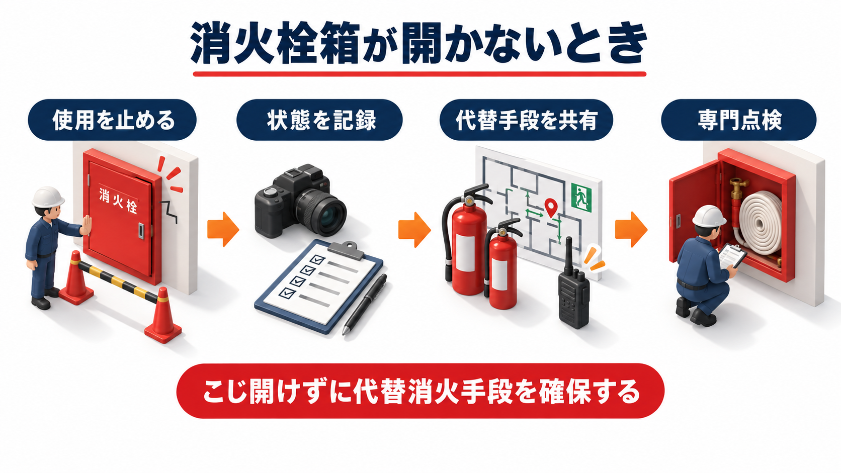 消火栓箱が開かないときに使用を止め状態を記録し代替手段を共有して専門点検へつなぐアイソメ図