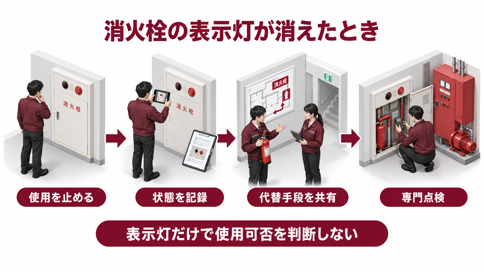 消火栓の表示灯が消えたときに使用を止め状態を記録し代替手段を共有して専門点検へつなぐアイソメ図