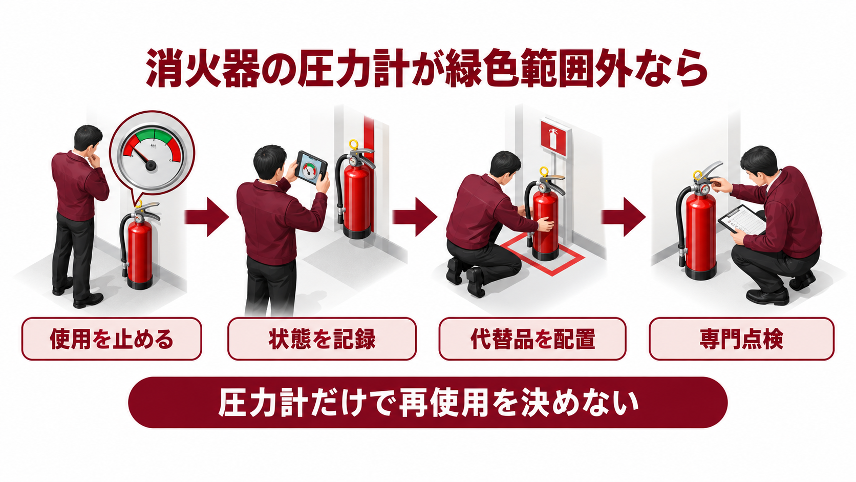 消火器の圧力計が緑色範囲外のときに使用を止め記録し代替品を配置して専門点検へつなぐアイソメ図