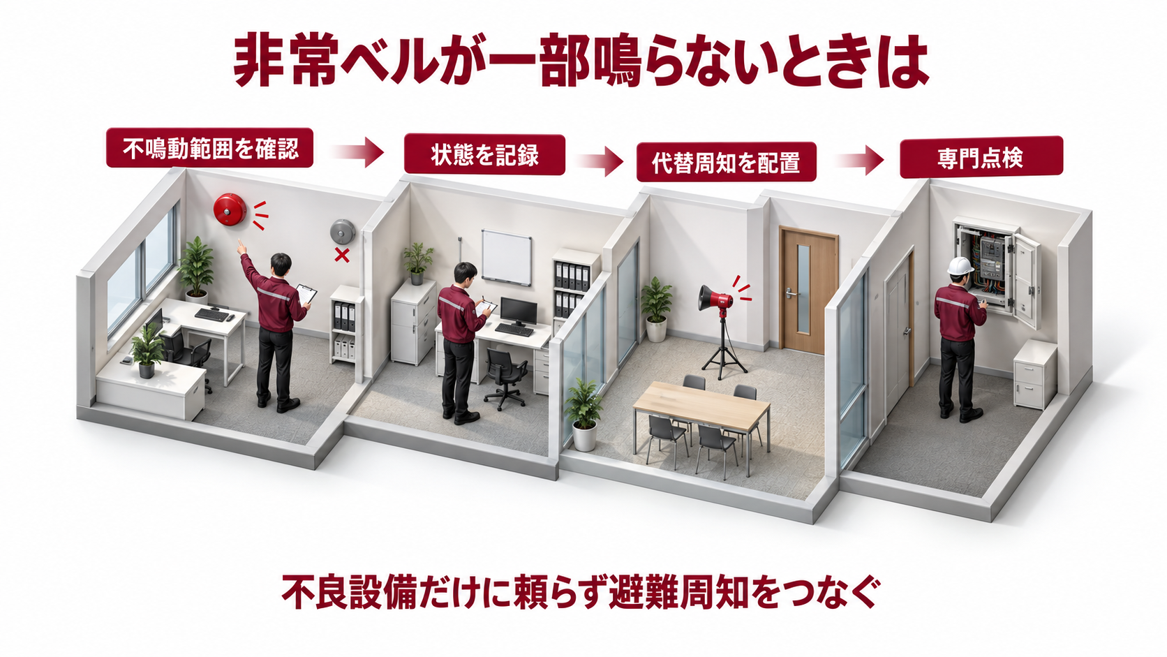 非常ベルが一部鳴らないときに不鳴動範囲を記録し代替周知を配置して専門点検へつなぐアイソメ図