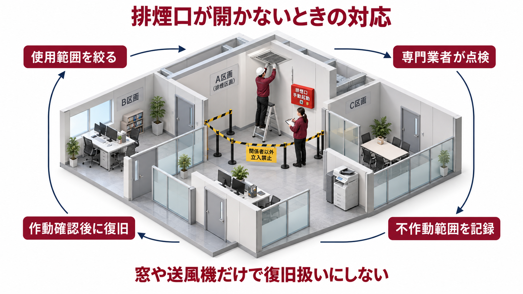 排煙口が開かないときに使用範囲を絞って記録し専門点検と復旧確認へつなぐアイソメ図