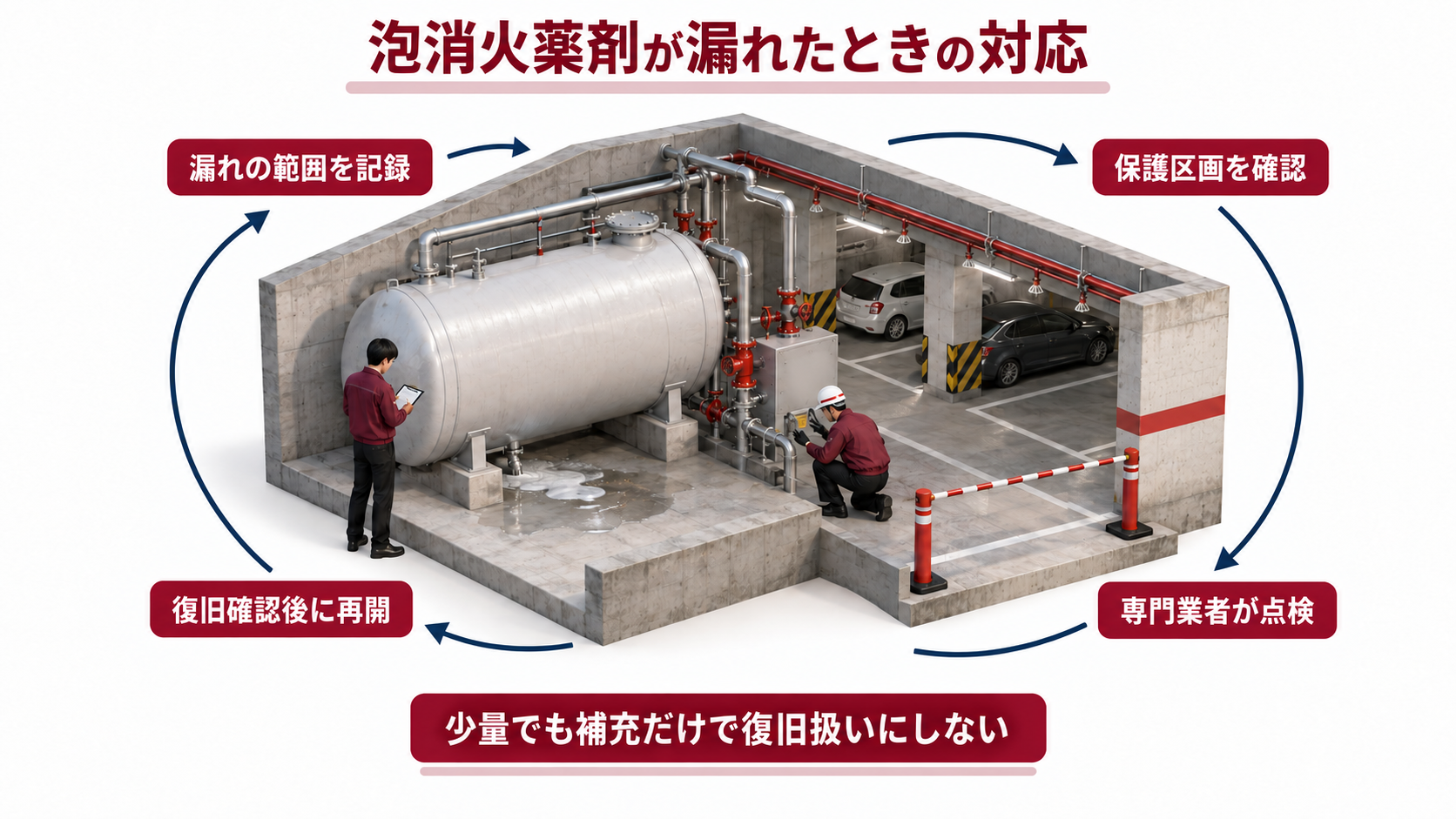泡消火薬剤の漏れを記録して保護区画を確認し専門点検と復旧確認へつなぐアイソメ図