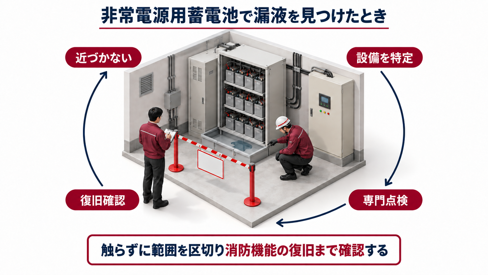 非常電源用蓄電池の漏液を発見して立入制限から専門点検と復旧確認へつなぐアイソメ図
