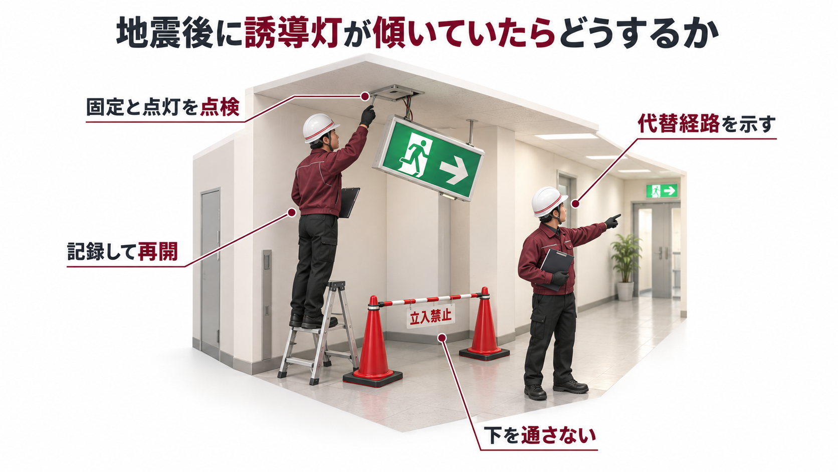 地震後に傾いた誘導灯の下を立入制限して代替経路の案内と専門点検から再開まで進めるアイソメ図