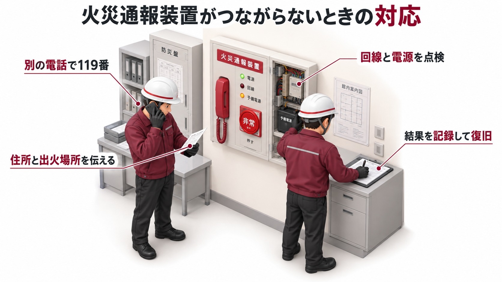 地震後に火災通報装置がつながらないとき別の電話で119番通報し専門点検から復旧へ進めるアイソメ図