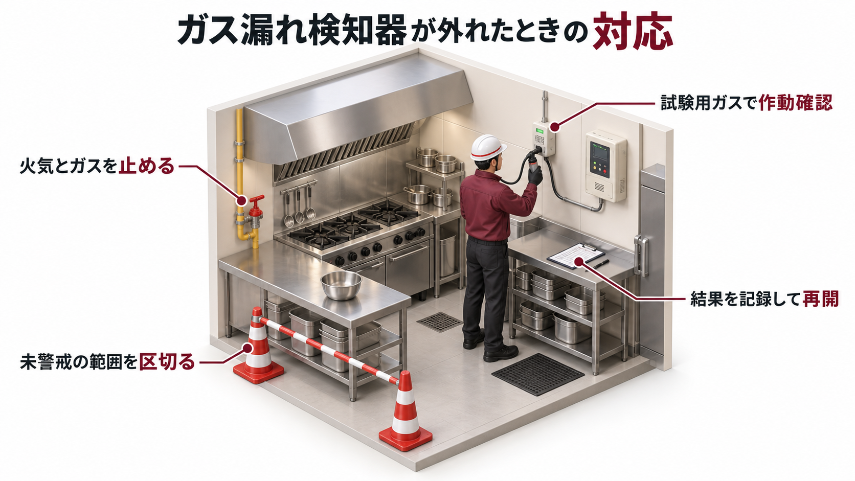 ガス漏れ検知器が外れたときに火気停止から作動確認と記録まで行う流れを示す図解