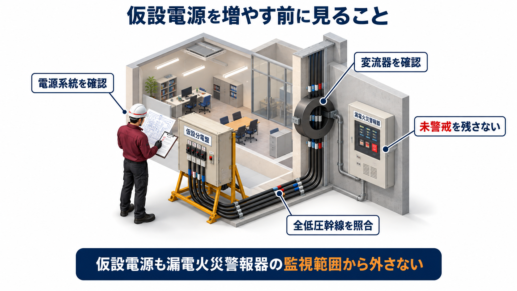 仮設電源を増やす前に電源系統と全低圧幹線と変流器を照合して未警戒を防ぐ流れを示す図解