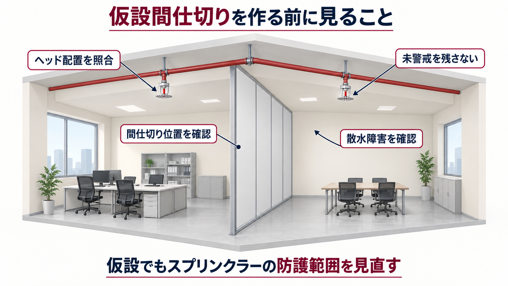 仮設間仕切りの位置とスプリンクラーヘッドの配置を照合して散水障害と未警戒を防ぐ流れを示す図解