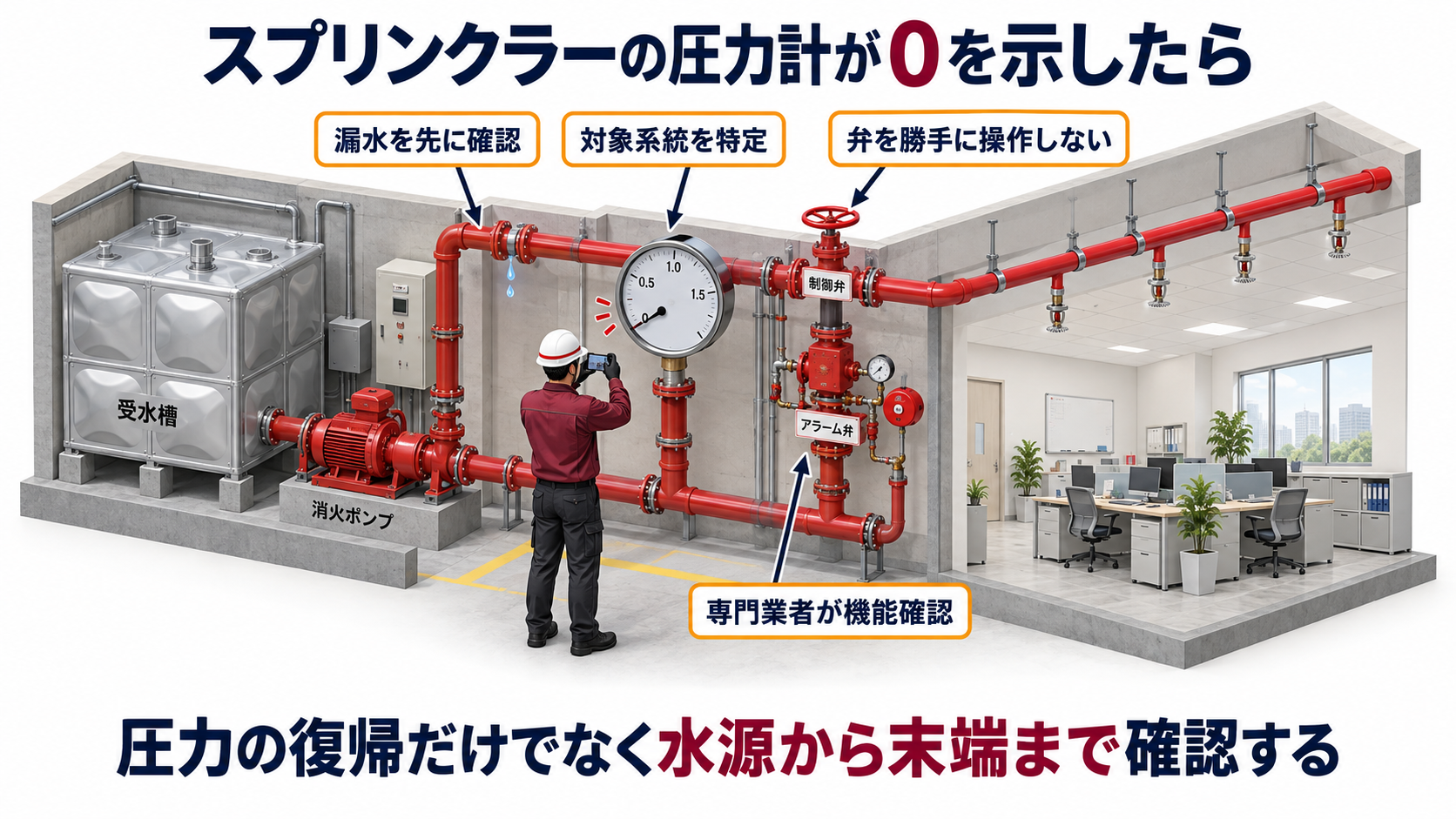 スプリンクラーの圧力計が0を示したときに漏水確認と系統特定から専門点検まで進める流れの図解