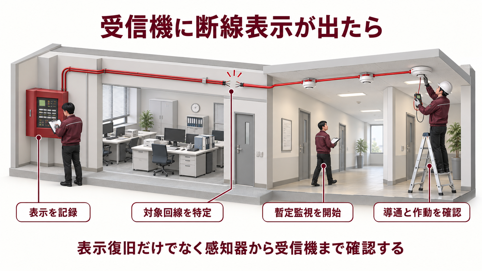 自動火災報知設備の受信機に断線表示が出たときの記録と対象回線特定から暫定監視と導通作動確認までの図解