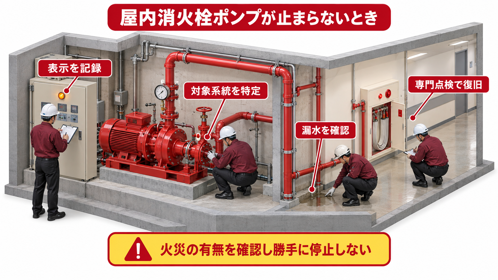 屋内消火栓ポンプが止まらないときに表示記録と漏水確認から対象系統特定と専門点検まで進める図解