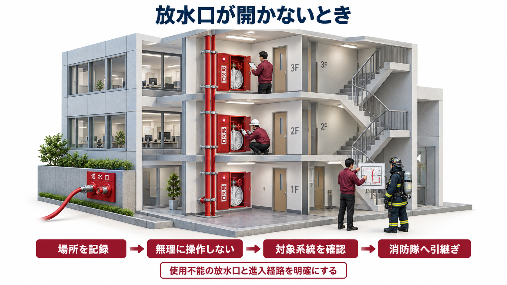 連結送水管の放水口が開かないときに場所の記録から対象系統の確認と消防隊への引継ぎまで進める図解