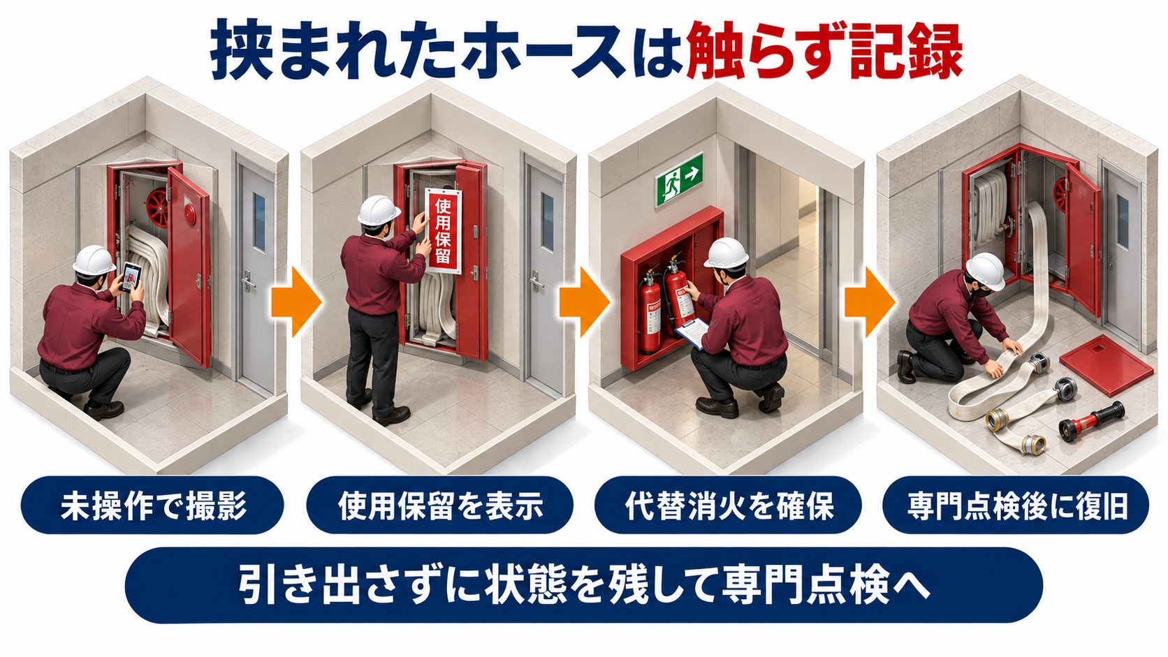 屋内消火栓ホースが扉に挟まれた状態を記録して使用保留と専門点検へつなぐ横長アイソメ図