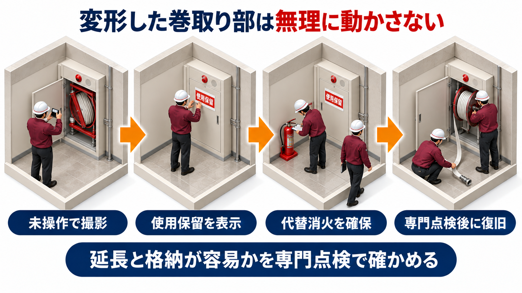 変形した屋内消火栓の巻取り部を動かさず使用保留と代替消火と専門点検へつなぐ横長アイソメ図