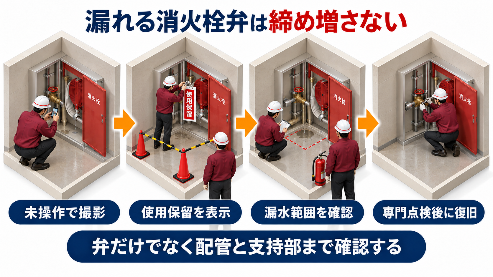 漏水する屋内消火栓弁を締め増さず使用保留と漏水範囲確認と専門点検へつなぐ横長アイソメ図