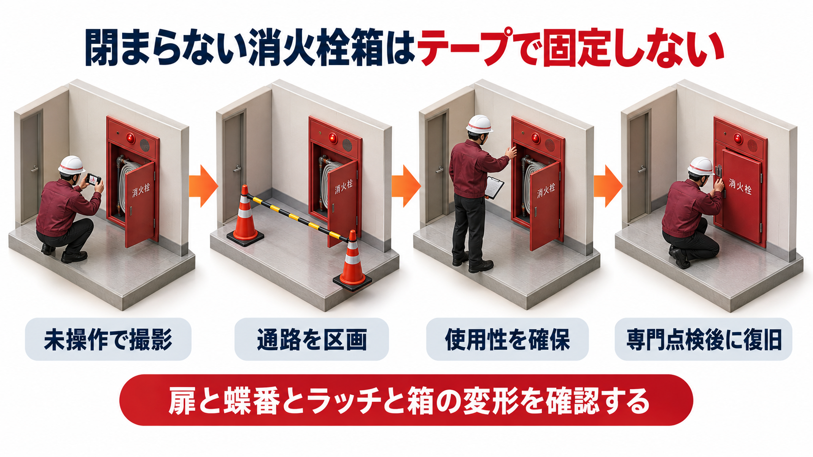 閉まらない屋内消火栓箱の扉をテープで固定せず通路管理と使用性確認と専門点検へつなぐ横長アイソメ図