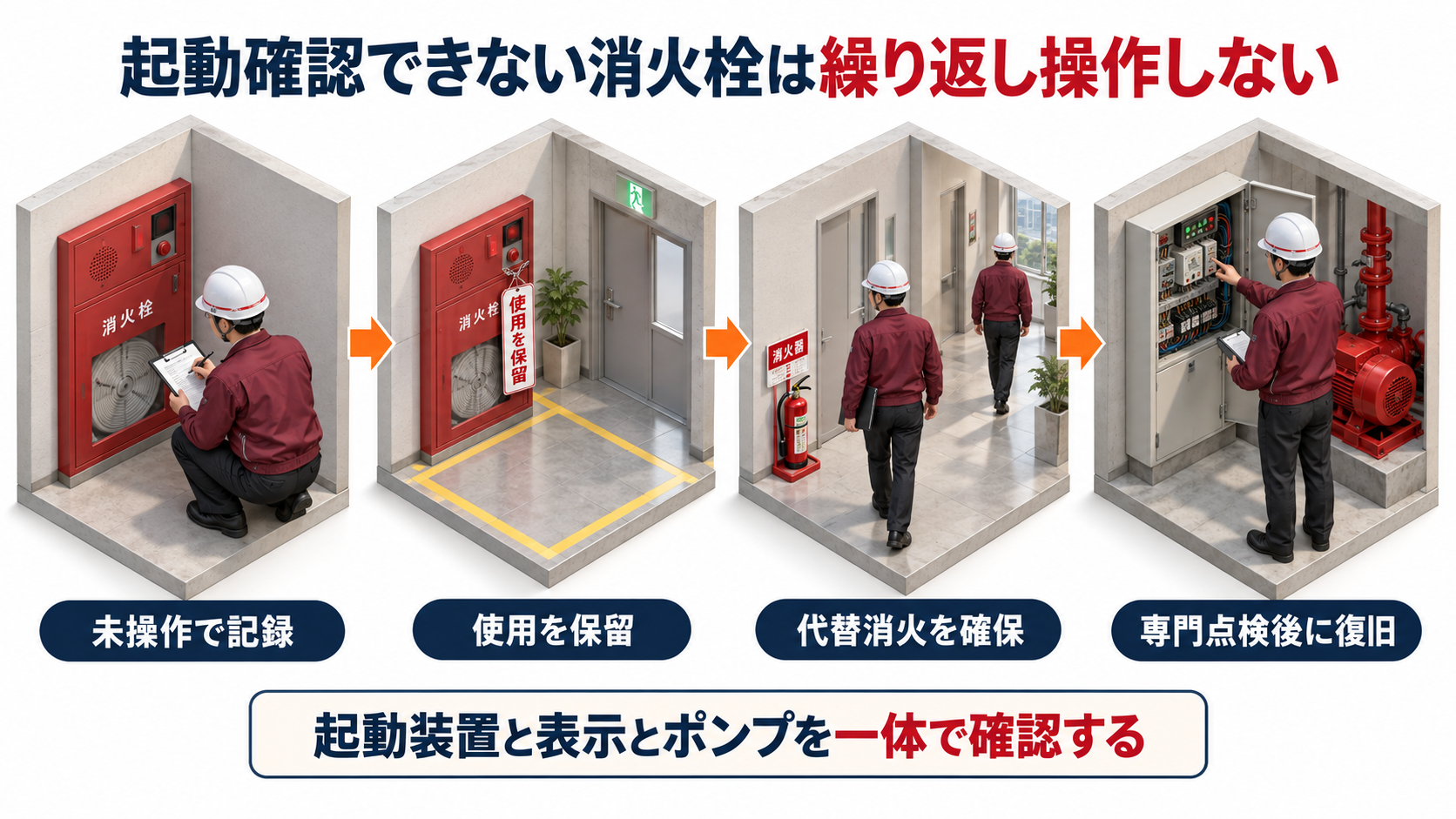 起動確認できない屋内消火栓を繰り返し操作せず使用保留と代替消火と専門点検へつなぐ横長アイソメ図