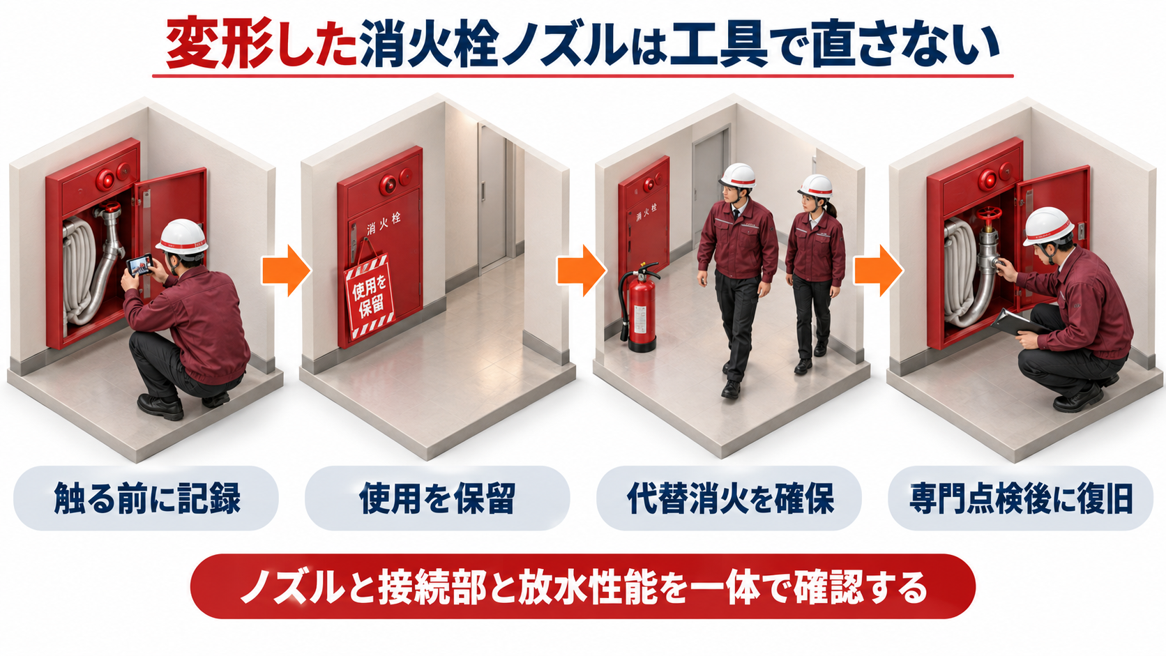 変形した屋内消火栓ノズルを工具で直さず記録と使用保留と代替消火と専門点検へつなぐ横長アイソメ図