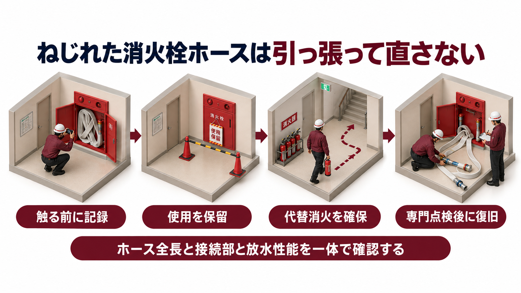 ねじれた屋内消火栓ホースを引っ張らず記録と使用保留と代替消火と専門点検へつなぐ横長アイソメ図