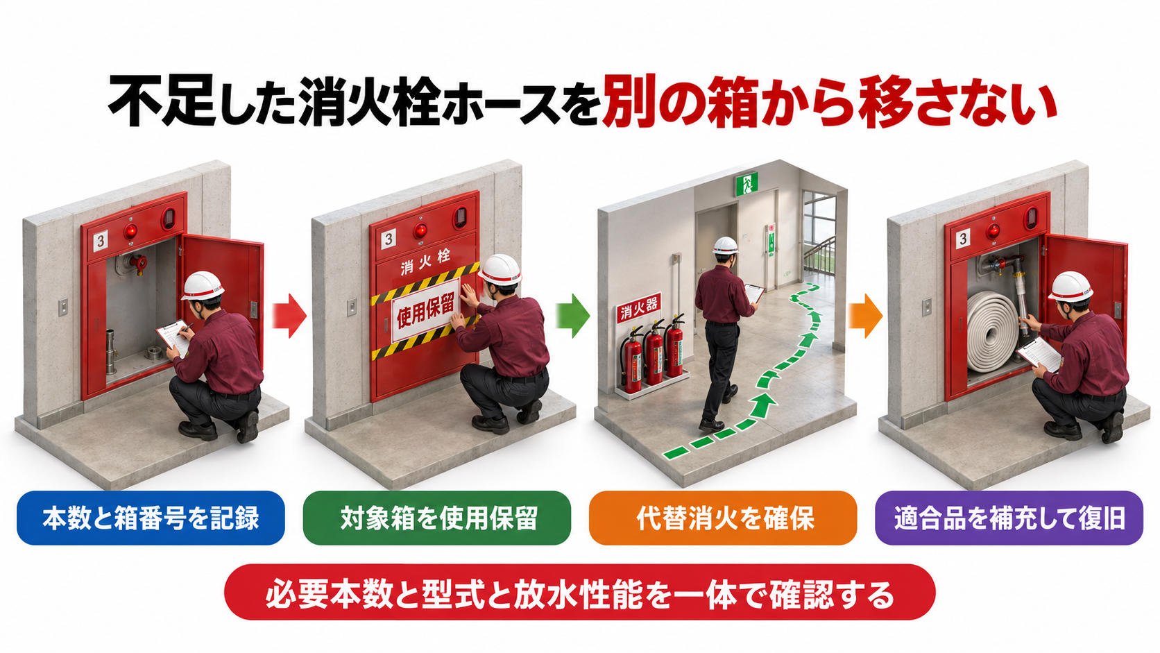 不足した屋内消火栓ホースを別箱から移さず記録と使用保留と代替消火と補充へつなぐ横長アイソメ図