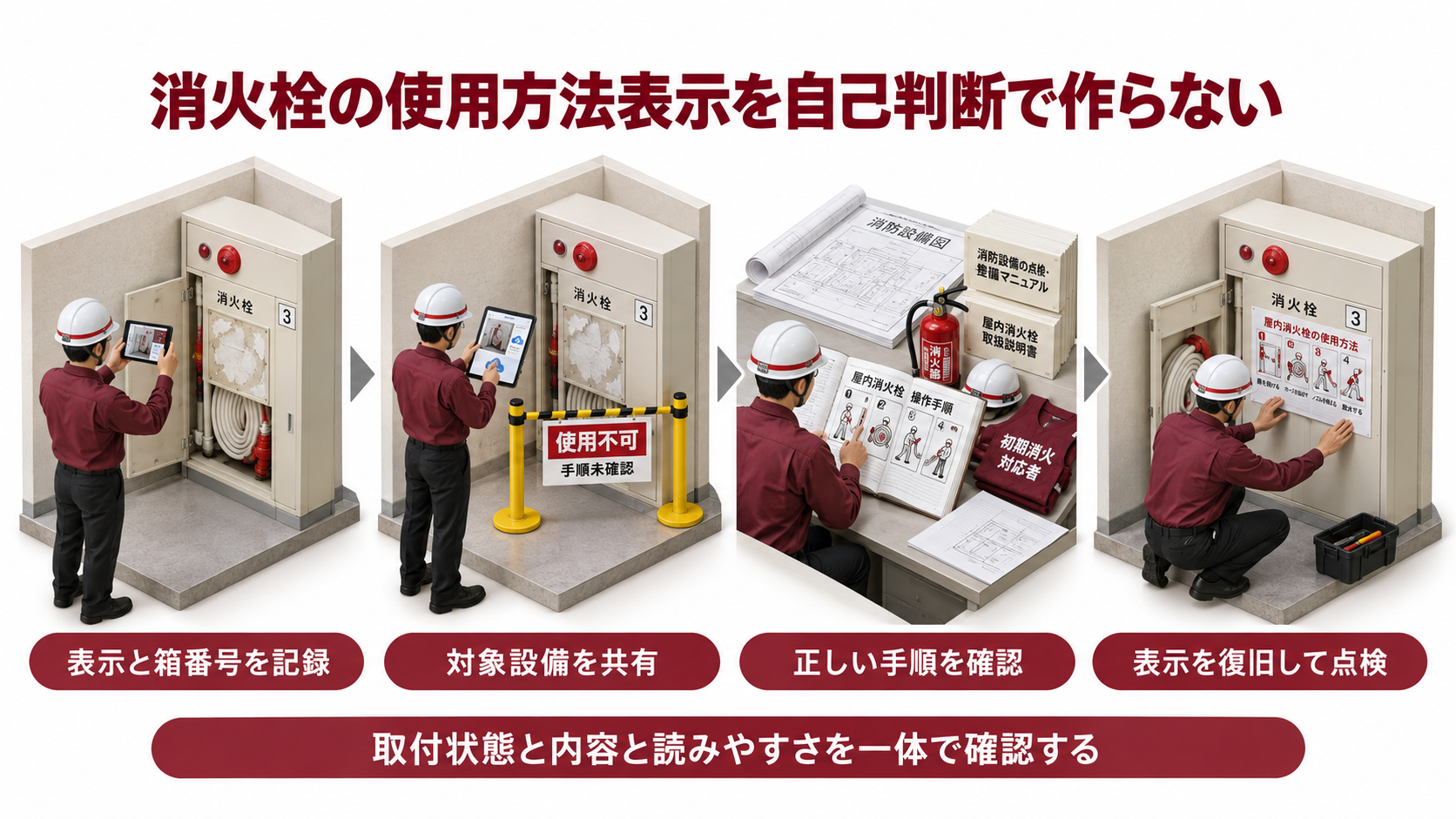 屋内消火栓の使用方法表示が剥がれたときに記録と共有と方式確認と復旧点検へ進む横長アイソメ図