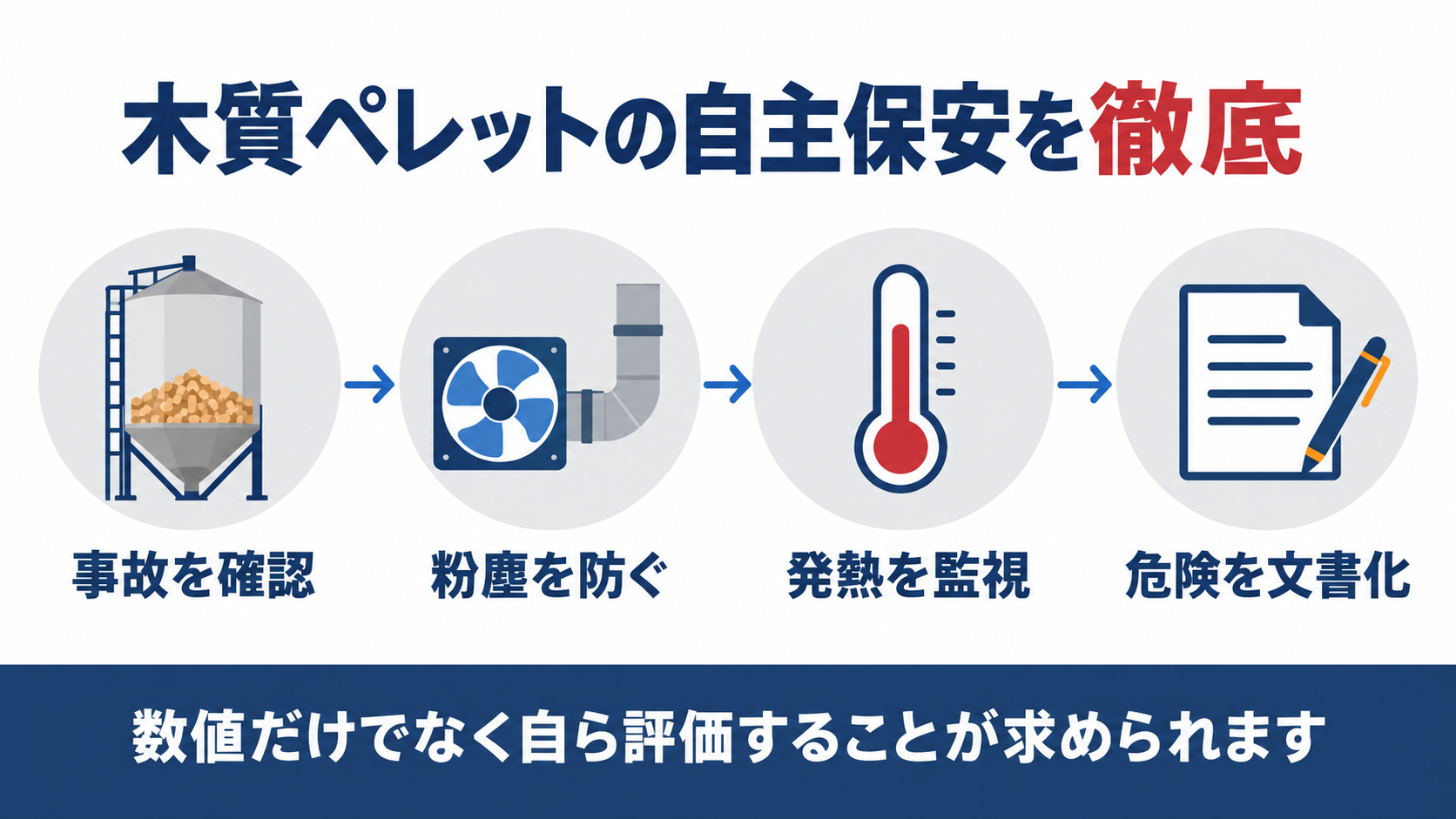 木質ペレットの自主保安の徹底に向けた事故確認粉塵対策発熱監視文書化の四段階の図解