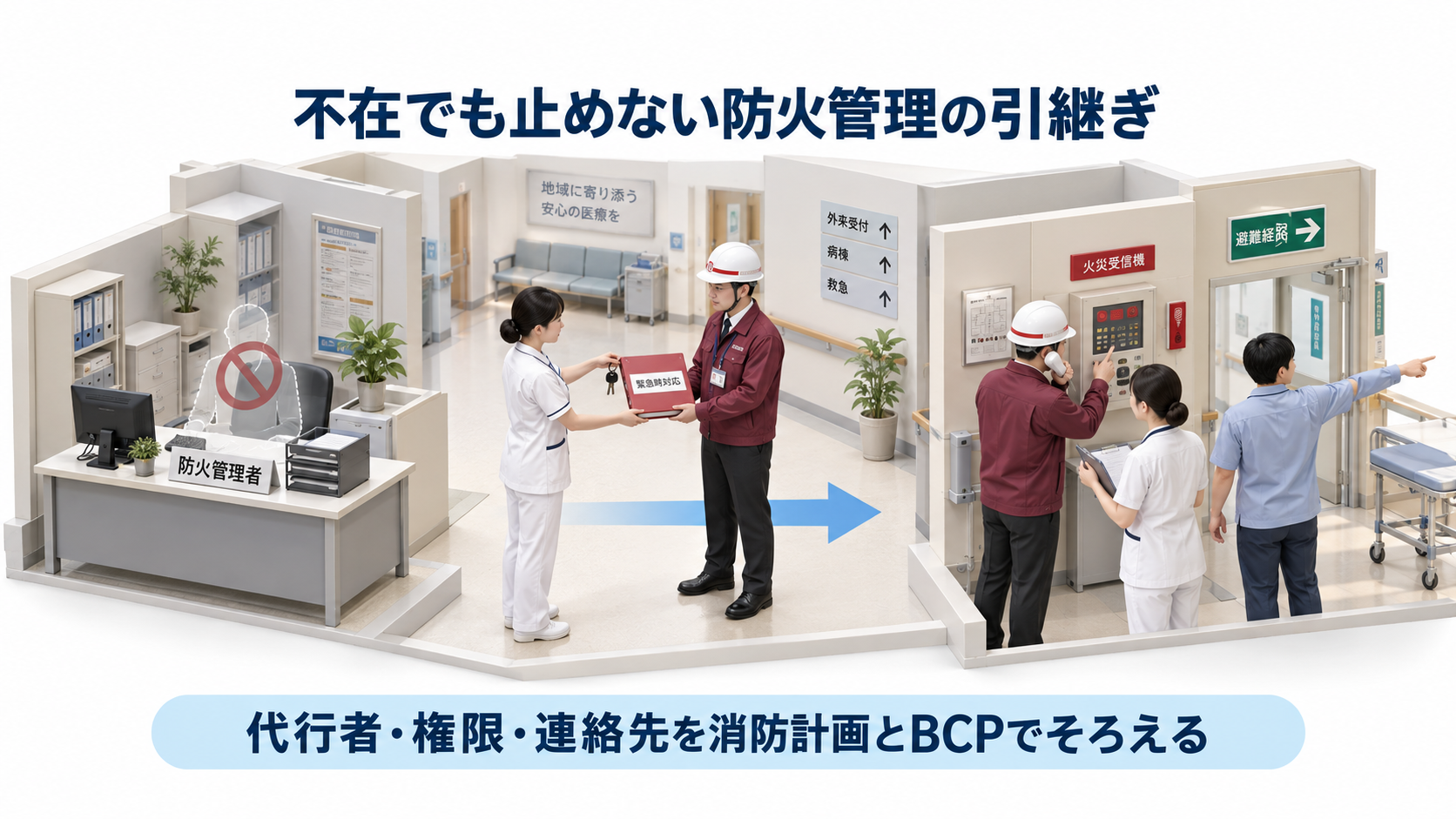 病院で防火管理者不在時に代行者へ権限と連絡先を引き継ぐ横長アイソメ図
