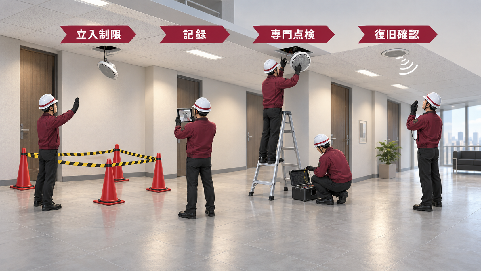 傾いた非常放送スピーカーへ触れず立入制限と代替伝達と専門点検へつなぐ横長アイソメ図