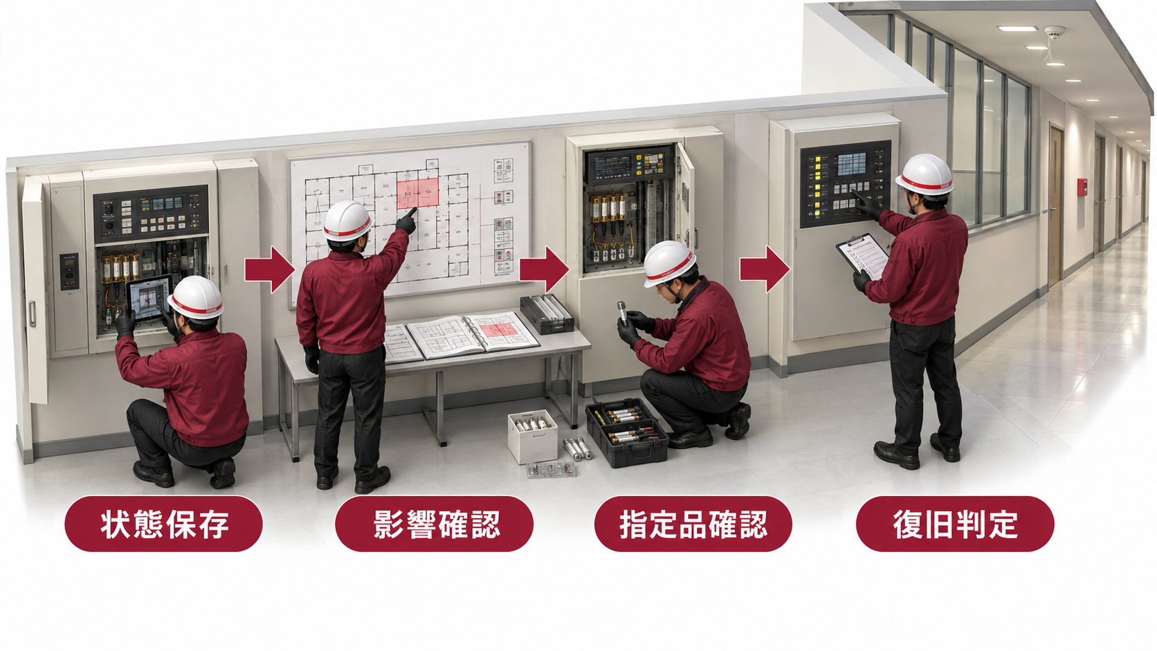 火災受信機のヒューズ溶断を記録し影響確認と暫定監視と専門復旧へつなぐ横長アイソメ図