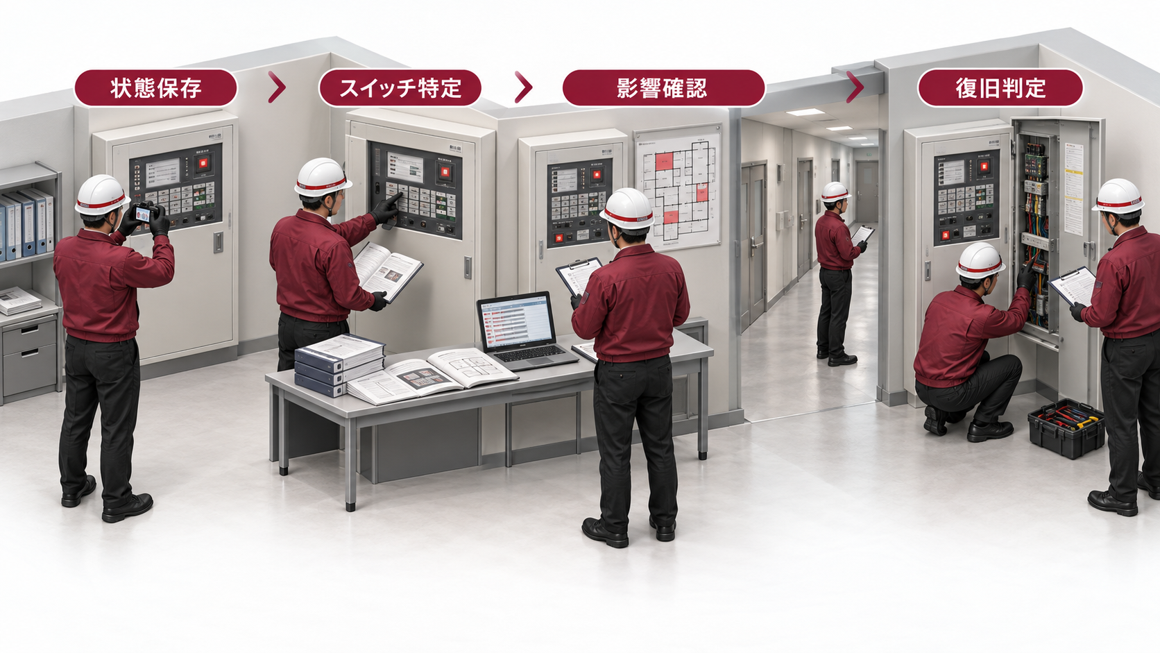 火災受信機の注意表示を状態保存しスイッチ特定と影響確認から復旧判定へつなぐ横長アイソメ図