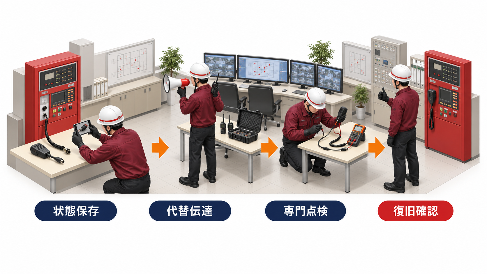 抜けた非常放送マイクを火災確認と代替伝達と専門点検へつなぐ横長アイソメ図