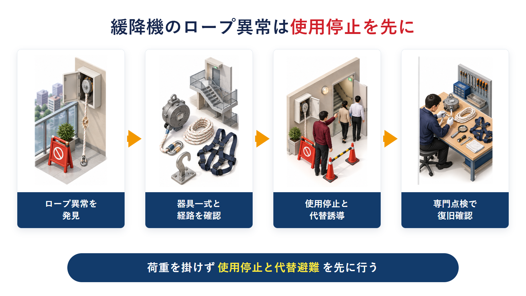 緩降機のロープ損傷を発見して使用停止から代替経路と専門点検へ進む流れを示す横長インフォグラフィック