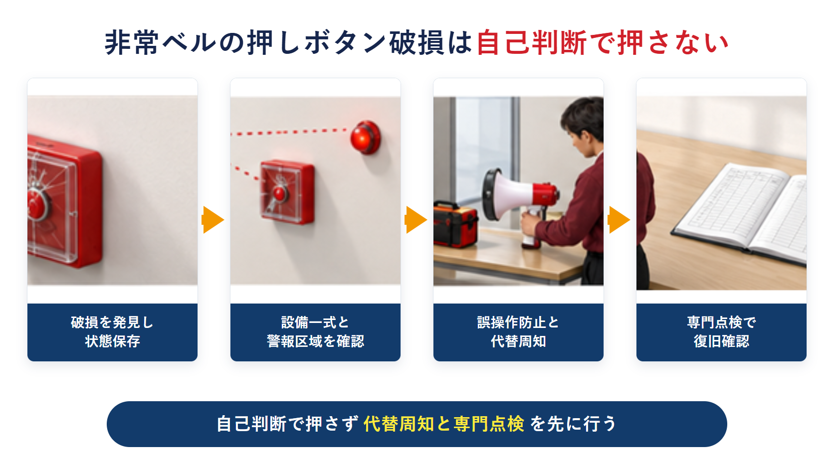 非常ベルの押しボタン破損を発見して使用停止から代替周知手段と専門点検へ進む流れを示す横長インフォグラフィック