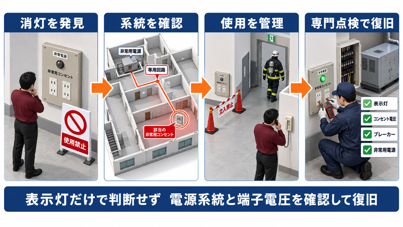 非常コンセント表示灯の消灯発見から電源系統確認と使用管理を経て専門点検で復旧する四段階インフォグラフィック