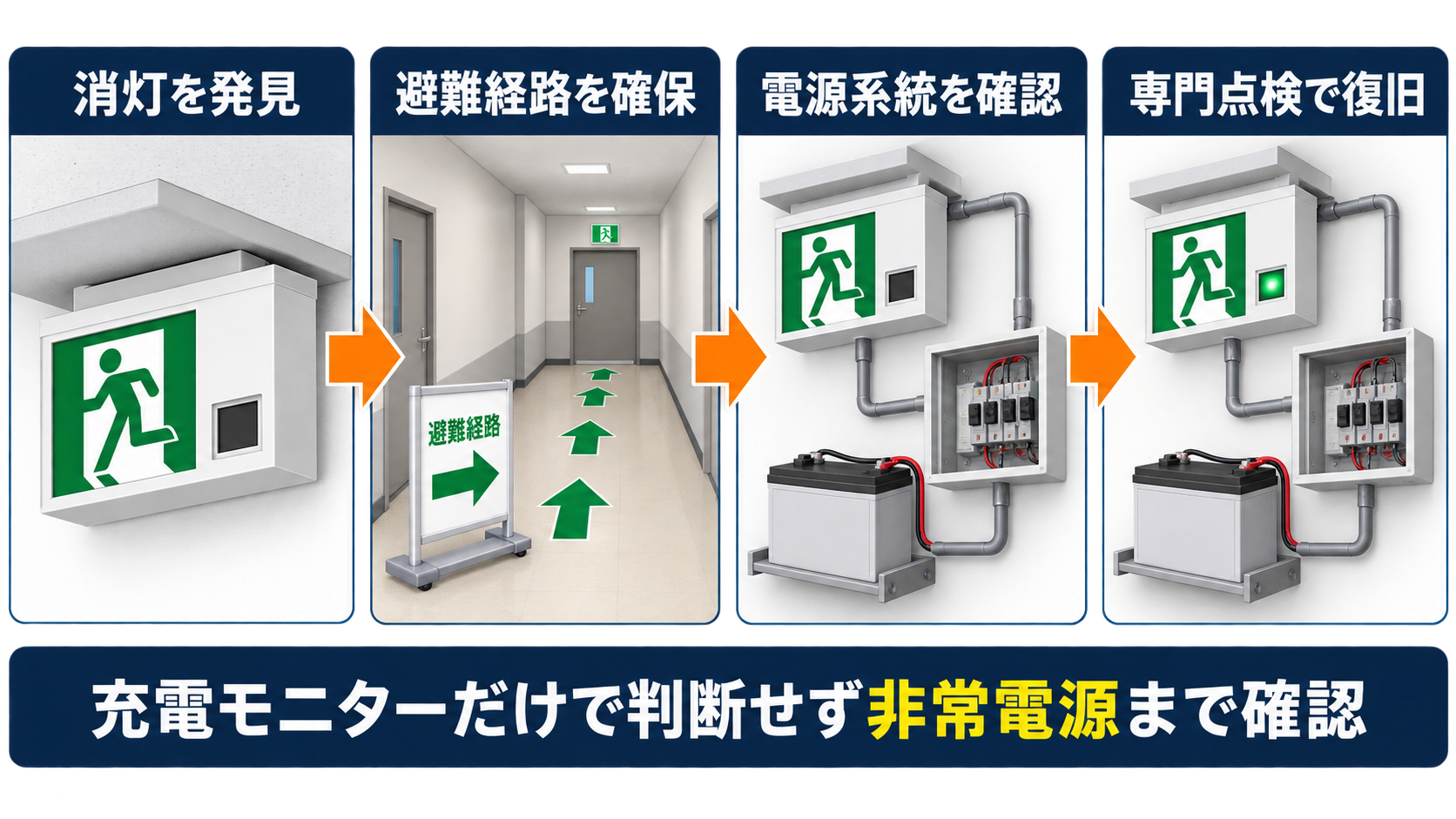 誘導灯の充電モニター消灯を発見して避難経路確保と電源系統確認から専門点検による復旧へ進む四段階インフォグラフィック