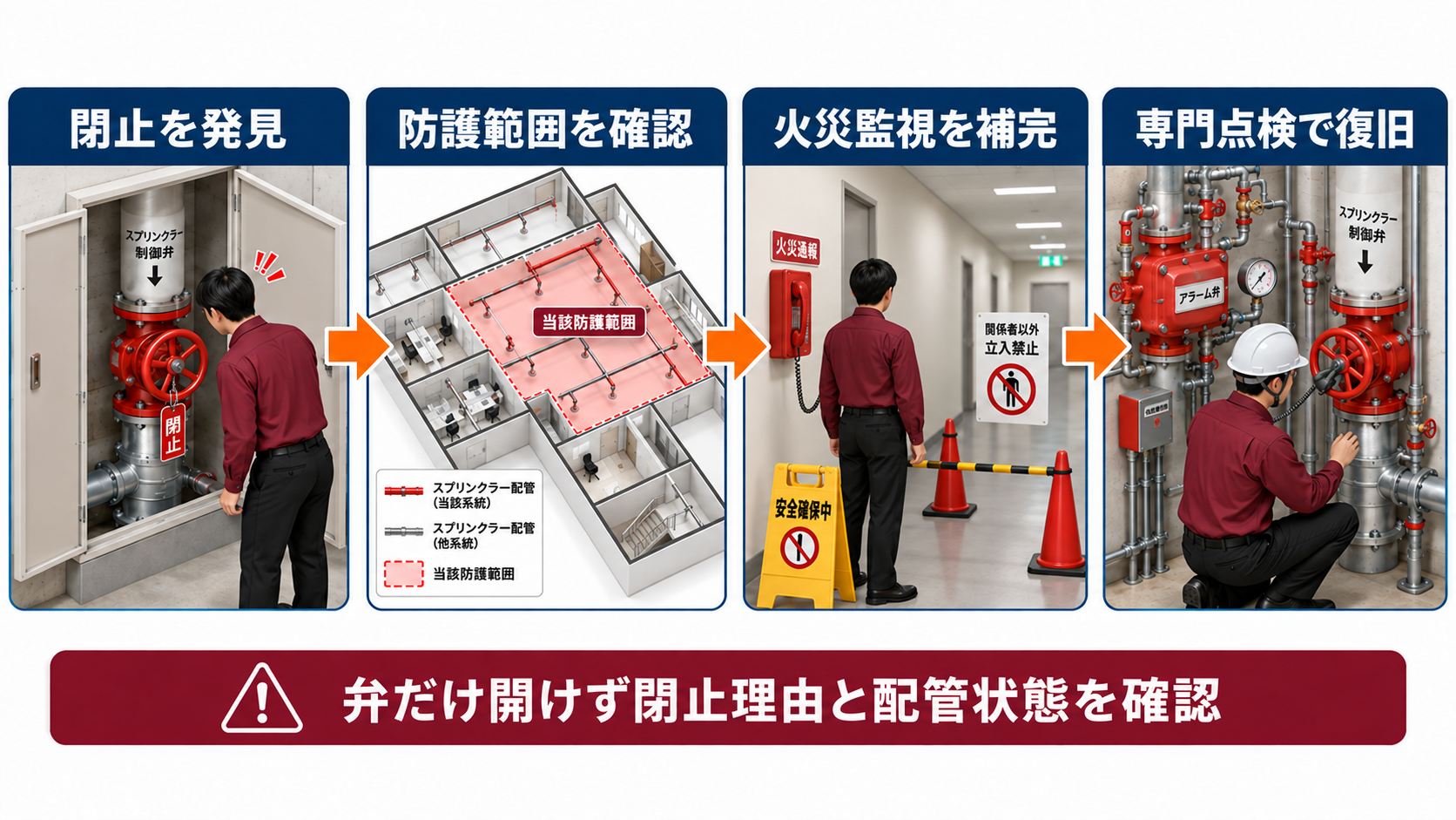 スプリンクラー制御弁の閉止発見から防護範囲確認と火災監視を経て専門点検で復旧する四段階インフォグラフィック