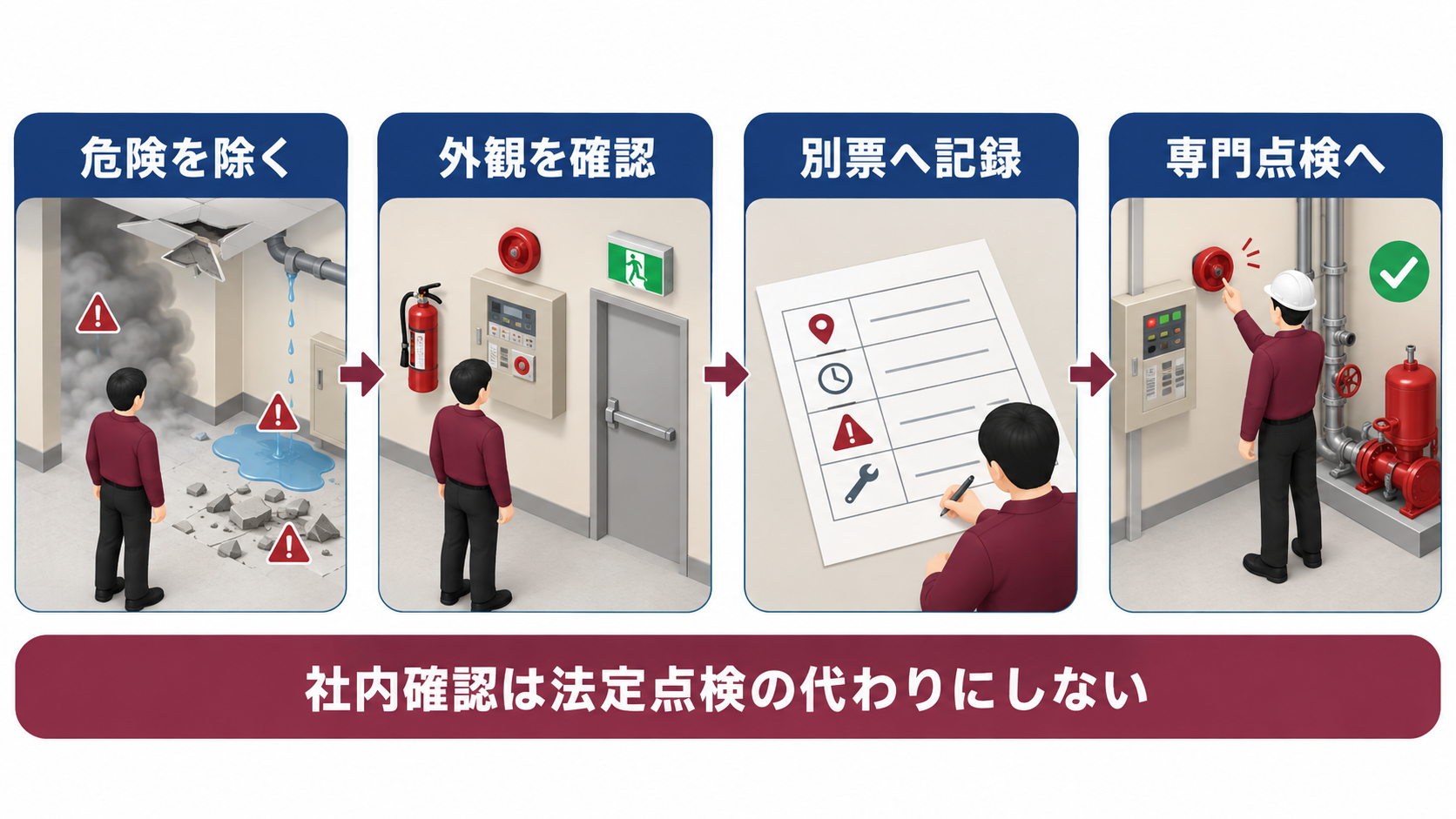 地震後の危険除去から外観確認と別票記録を経て専門点検へつなぐ四段階インフォグラフィック