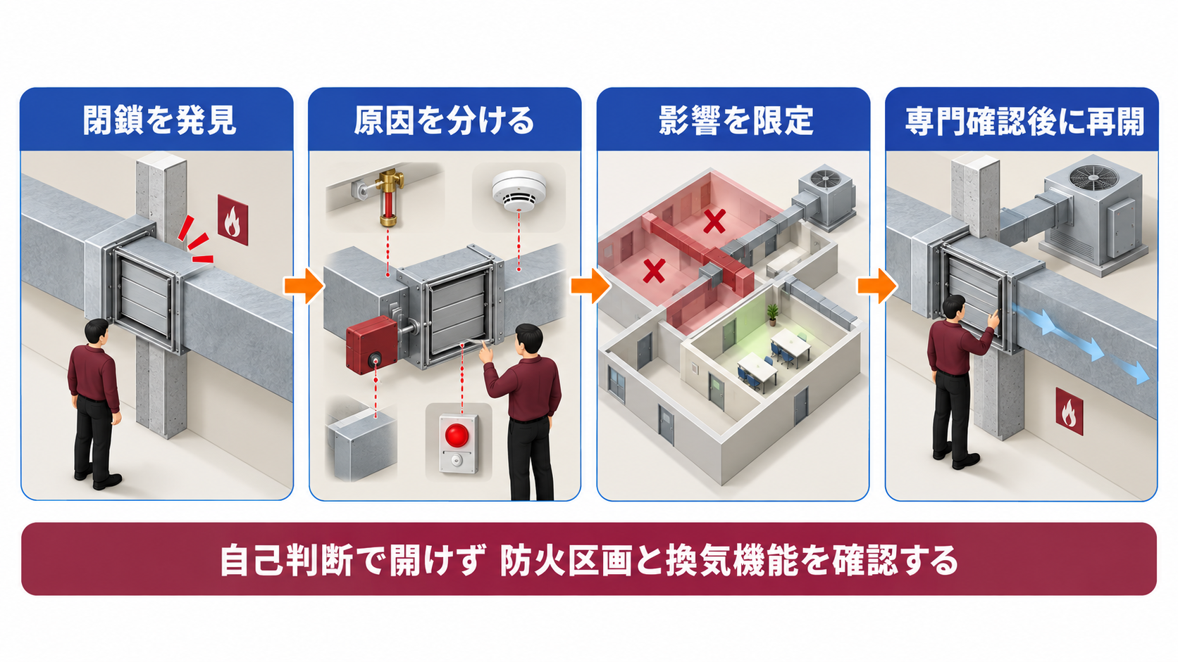 閉じた防火ダンパーの発見から原因確認と影響限定を経て専門確認後に再開する四段階インフォグラフィック