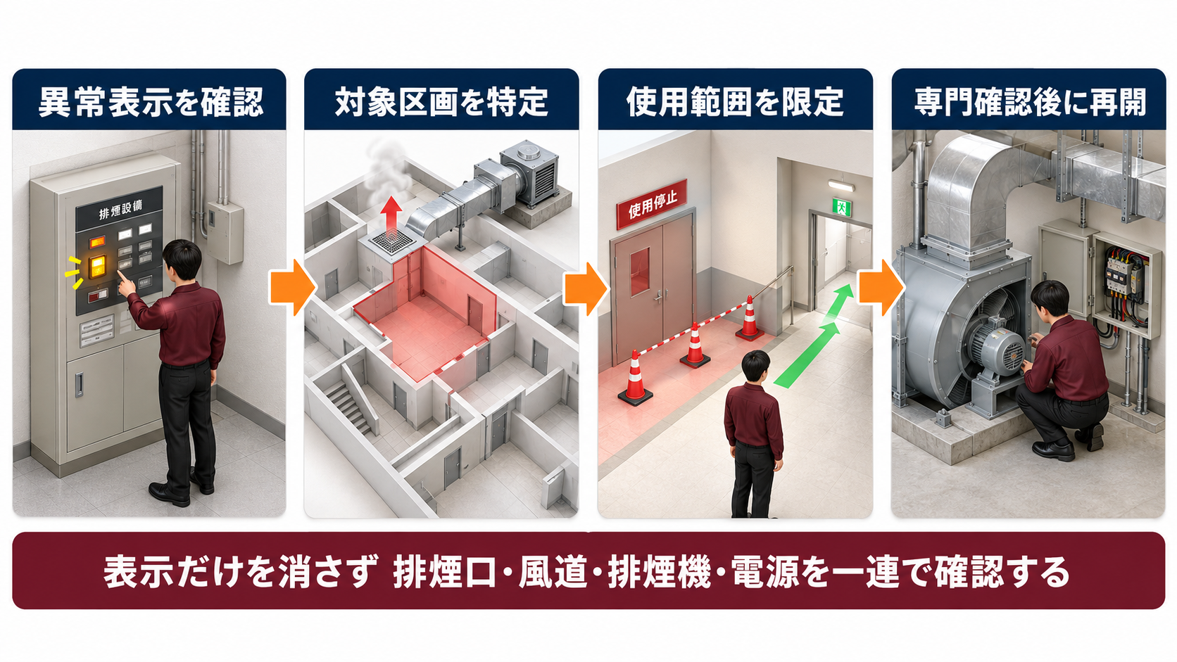 排煙設備の異常表示から対象区画と使用範囲を確認して専門確認後に再開する四段階インフォグラフィック