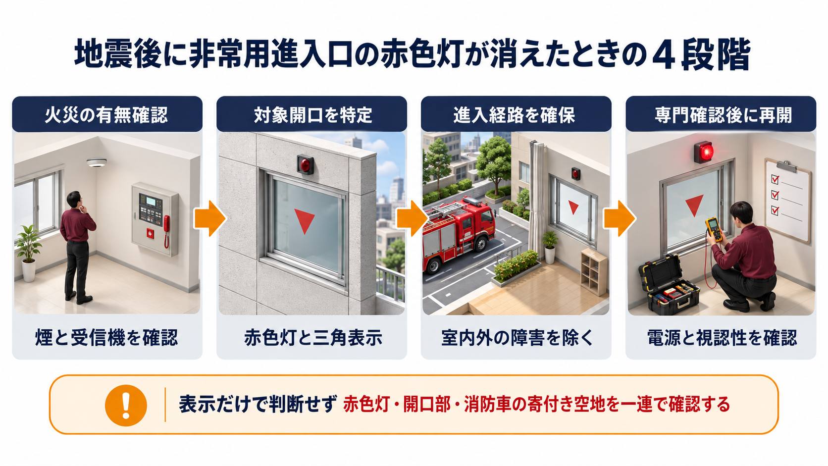 地震後に非常用進入口の赤色灯が消えたときの四段階インフォグラフィック
