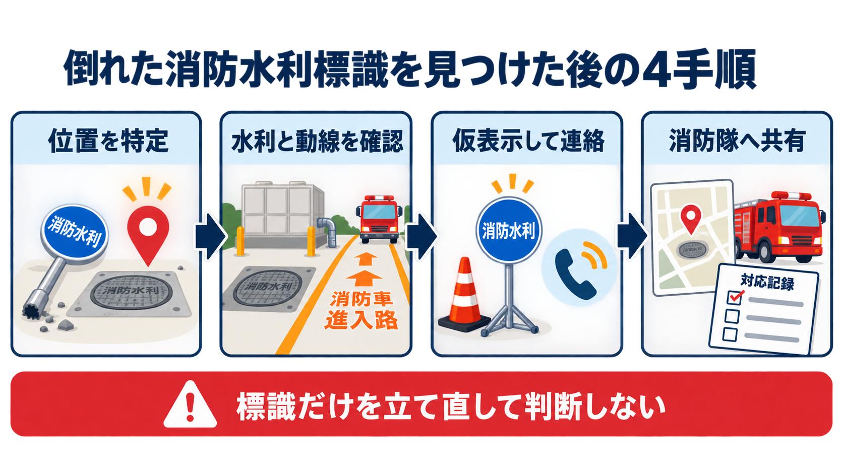 倒れた消防水利標識の発見から消防隊への共有までを示す四段階インフォグラフィック
