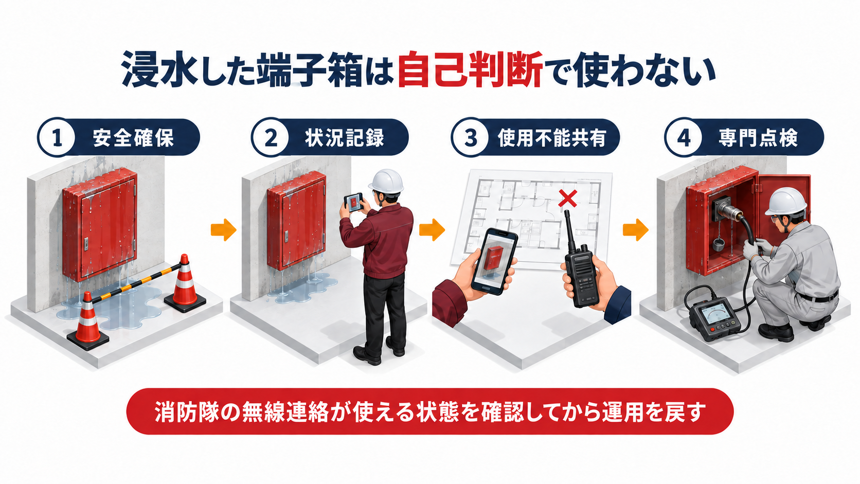 浸水した無線通信補助設備を安全確保と状況記録と使用不能共有と専門点検へつなぐアイソメ図